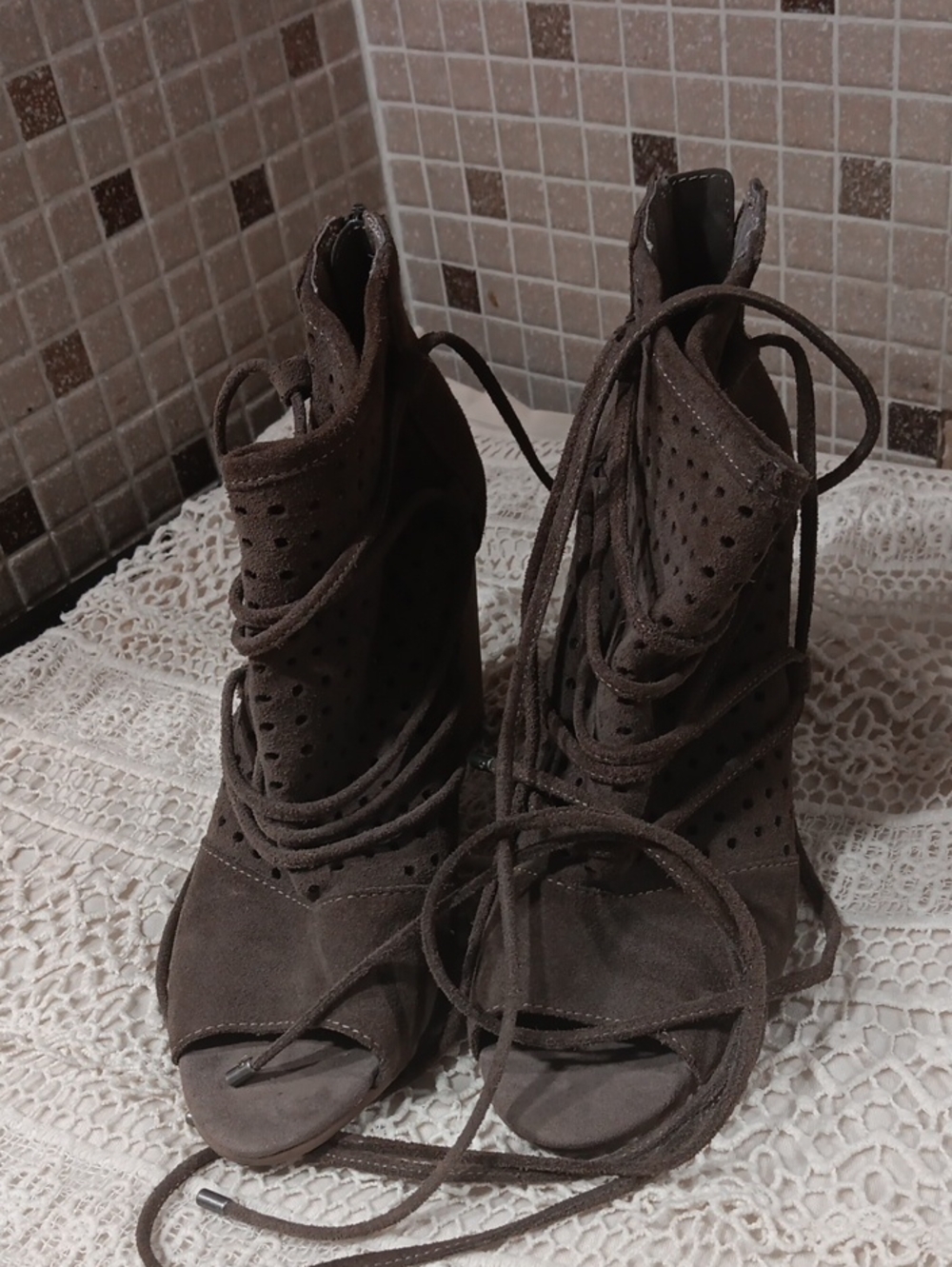 Very Volatile Brown Suede Lace-Up Peep-Toe Heels